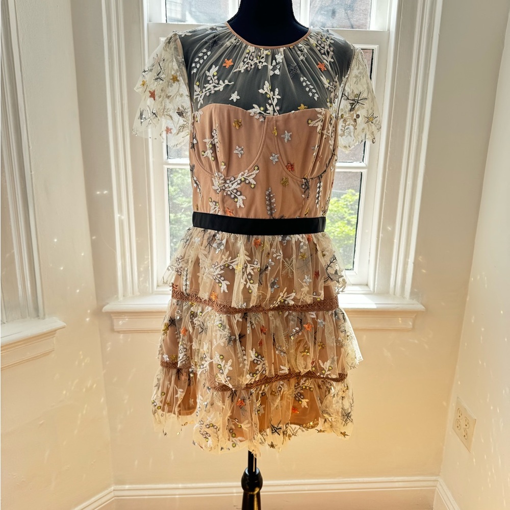 SELF-PORTRAIT - STAR-MESH CORSET TIERED COCKTAIL DRESS